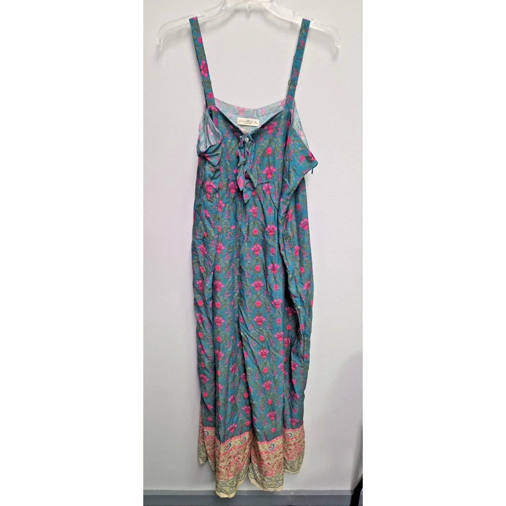 NWT‎ NATURAL LIFE Jumpsuit XL Wide Leg Floral Teal Boho Tie Front Adjust Straps
